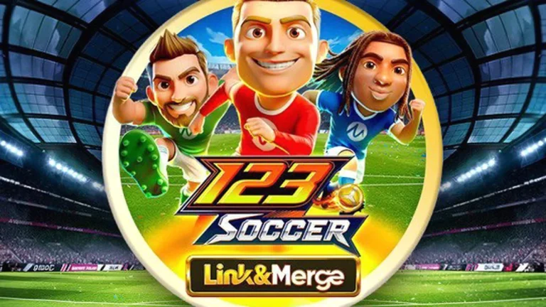 Tampilan layar mobile game slot 123 Soccer Link&Merge dengan tema sepak bola yang dinamis