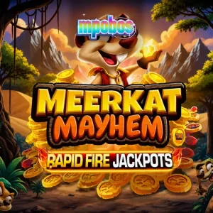 Tampilan antarmuka mobile slot Meerkat Mayhem yang menunjukkan grid 6x4 dan tombol kontrol yang mudah diakses.